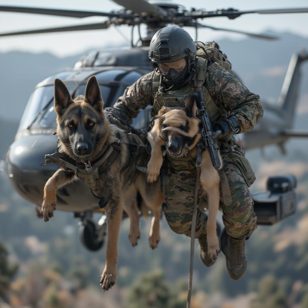 Navy SEAL and dog rappelling from helicopter