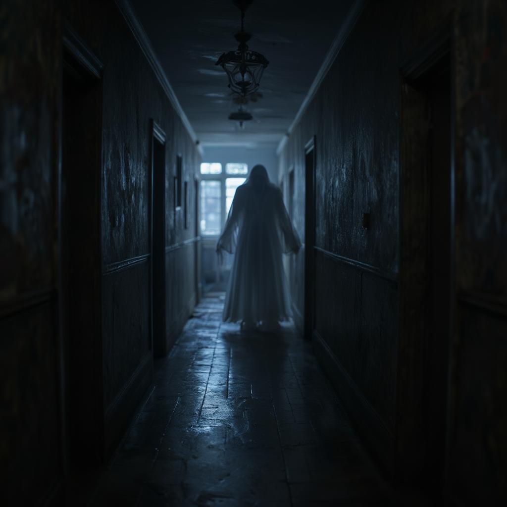 A dimly lit hallway with a ghostly figure appearing in the shadows, representing supernatural horror on Netflix