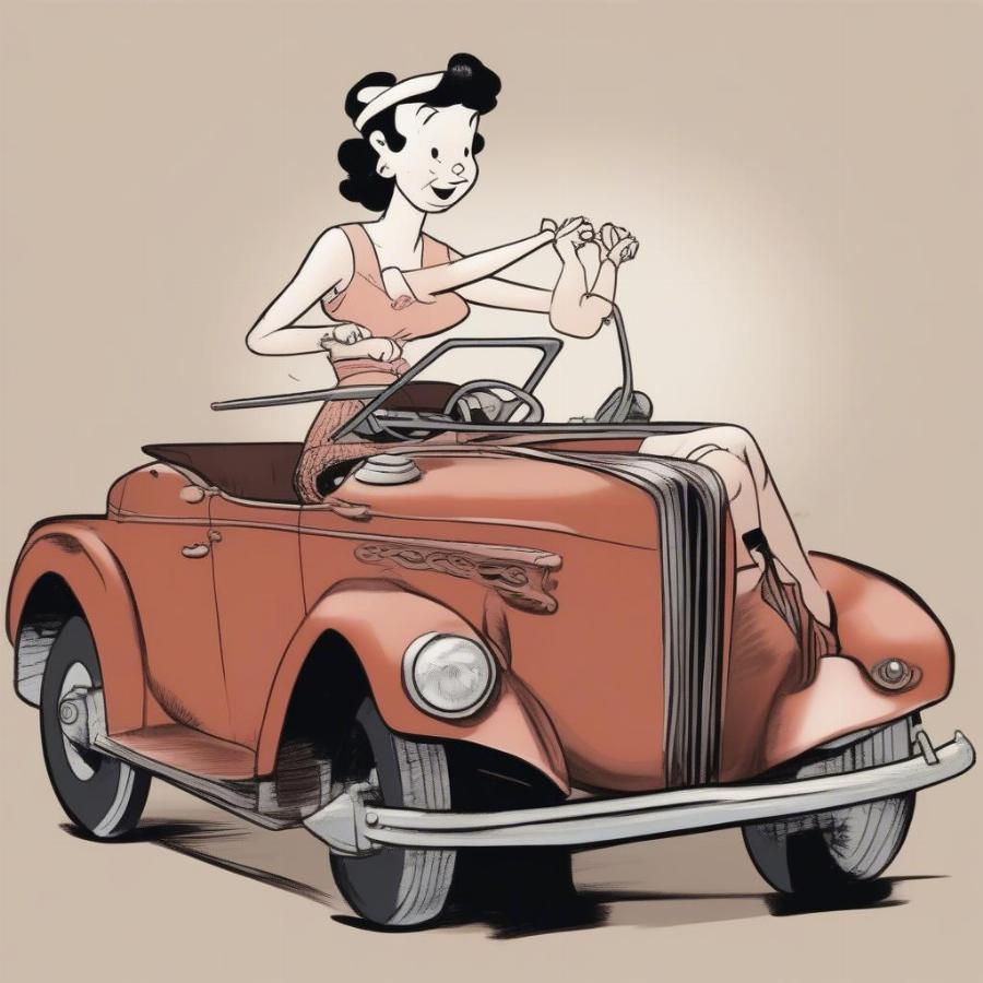 Olive Oyl Driving a Vintage Car in a Popeye Cartoon