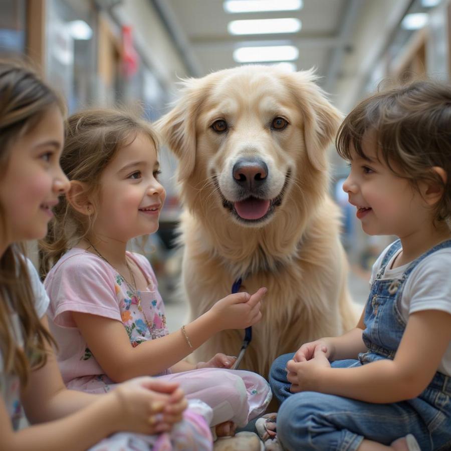 Oogy the dog as a therapy dog visiting children in a hospital