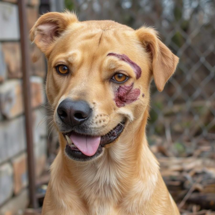 Oogy the dog rescued from dog fighting, showing his injuries