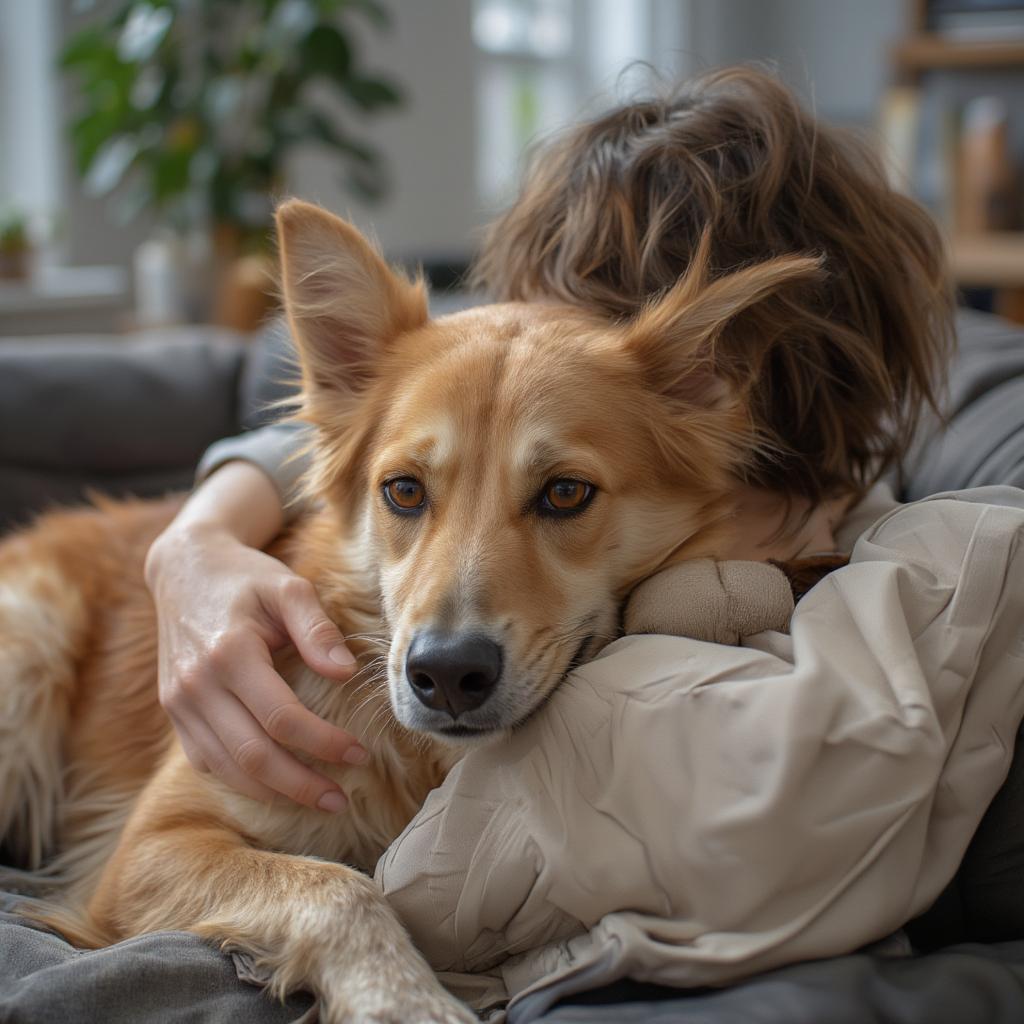 Owner And Dog Snuggle On Couch