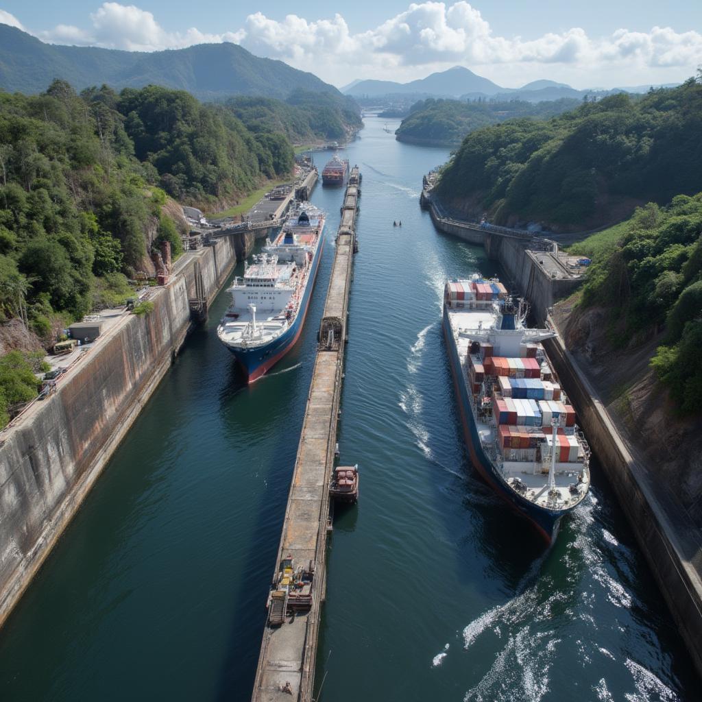 Panama Canal ships navigating the locks