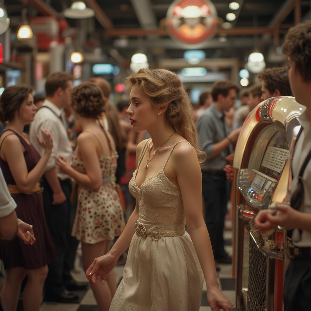 group of people dancing in a classic 1950s soda shop