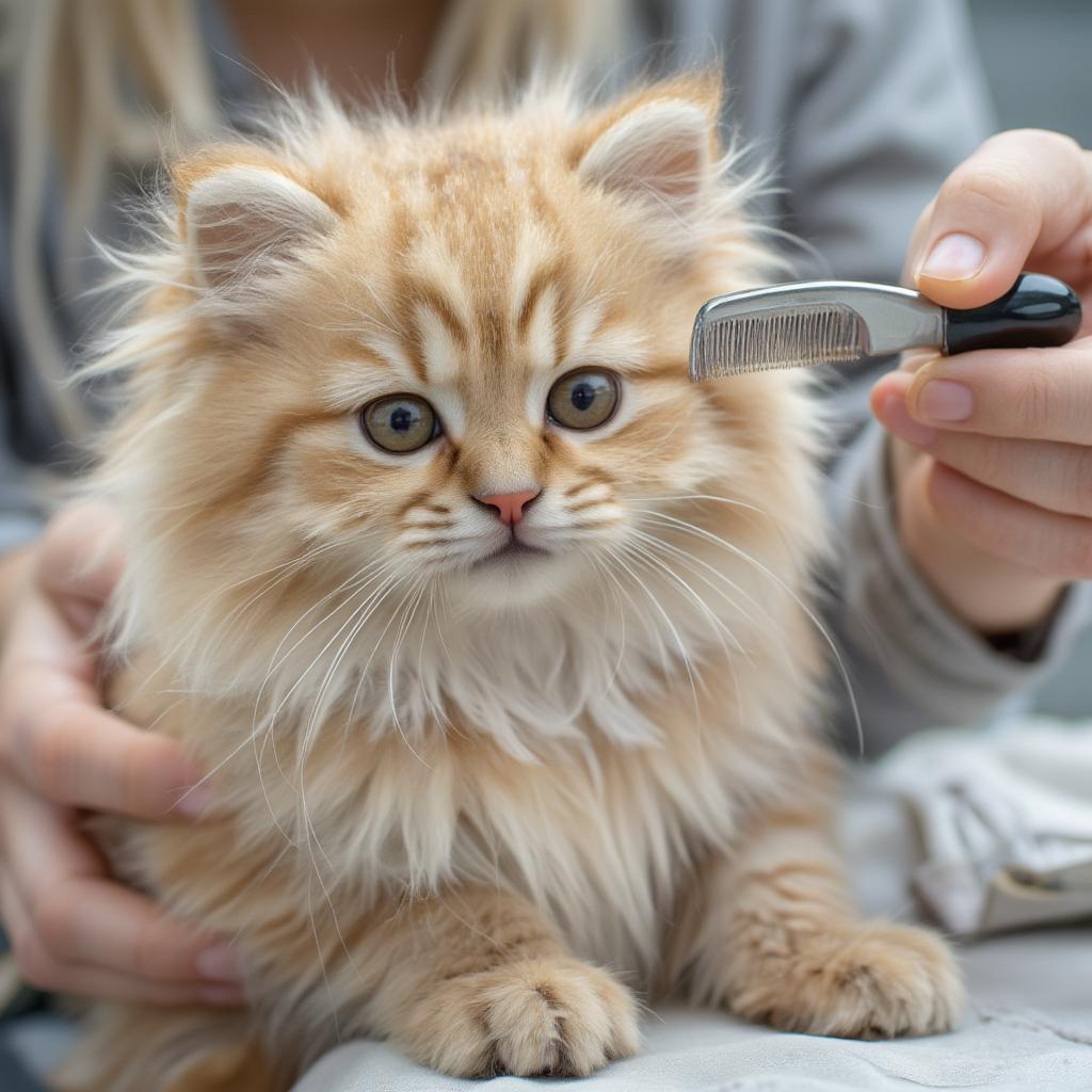 A person grooming a persian kitten