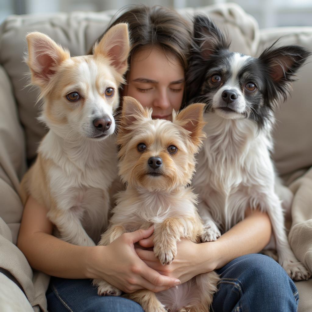 person cuddling three dogs on a sofa