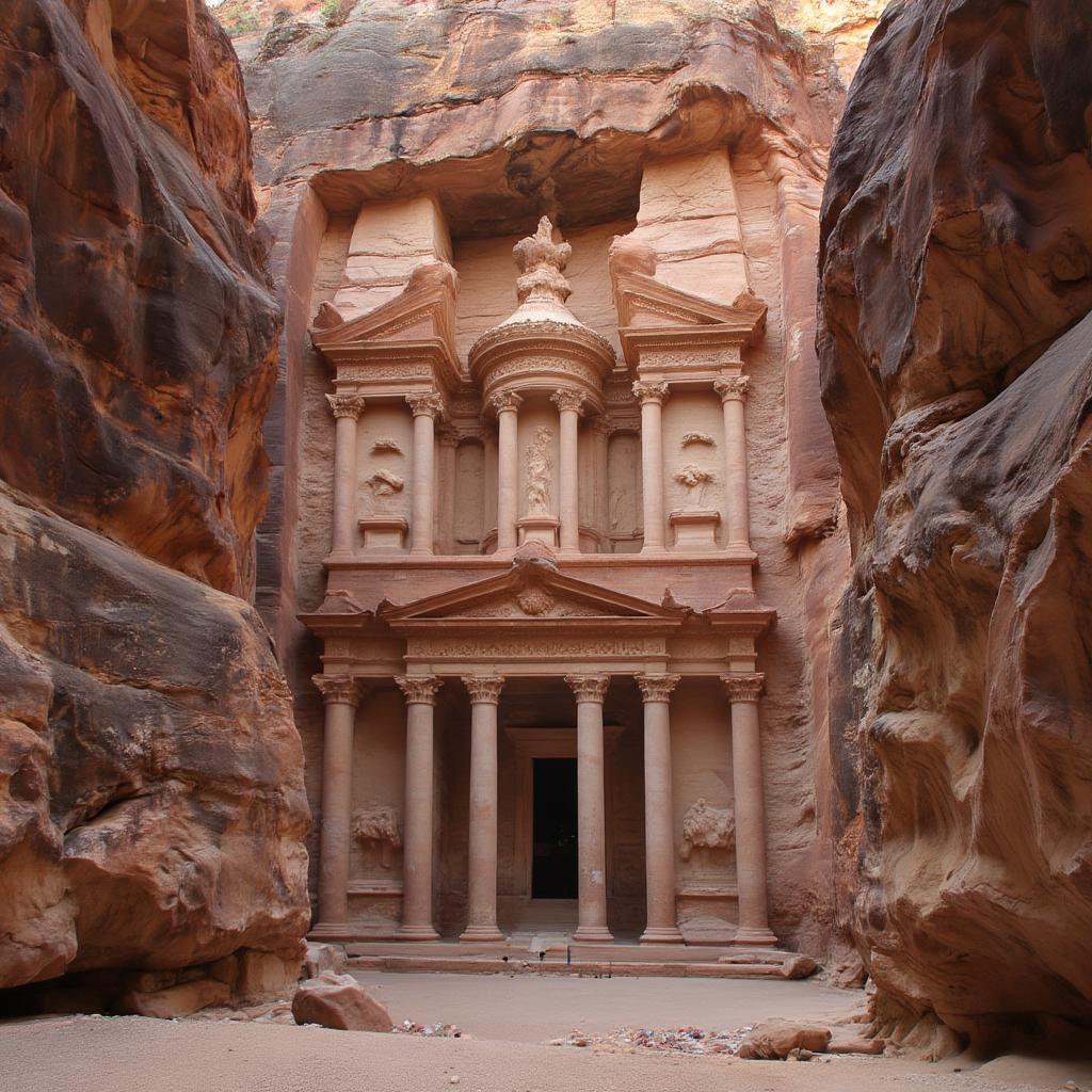 The Treasury at Petra carved into the sandstone cliff.