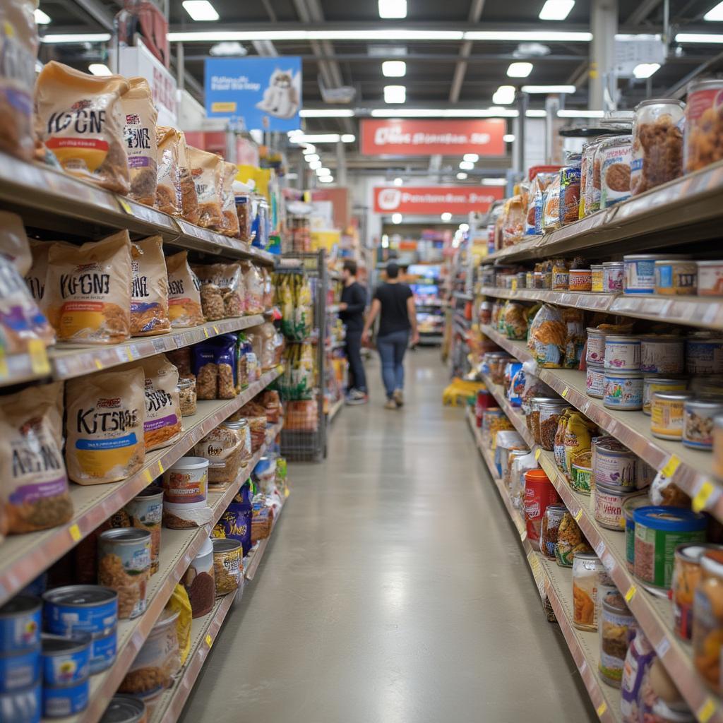 Petsmart aisle with Purina One Kitten products on display, including dry and wet food options