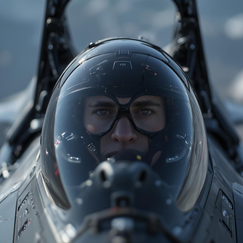 Pilot in Cockpit of Fighter Jet with HUD Display