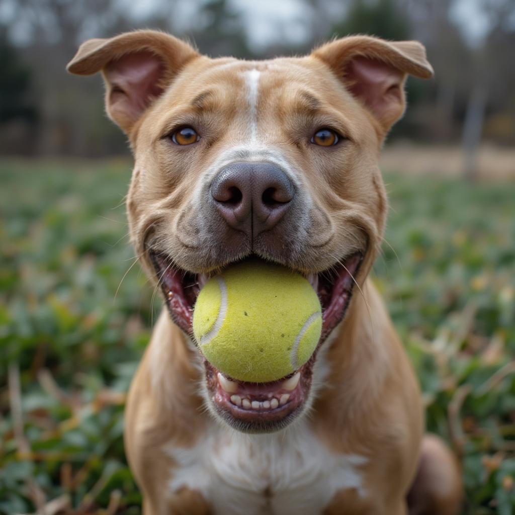 A happy Pitbull smiling with a tennis ball in its mouth