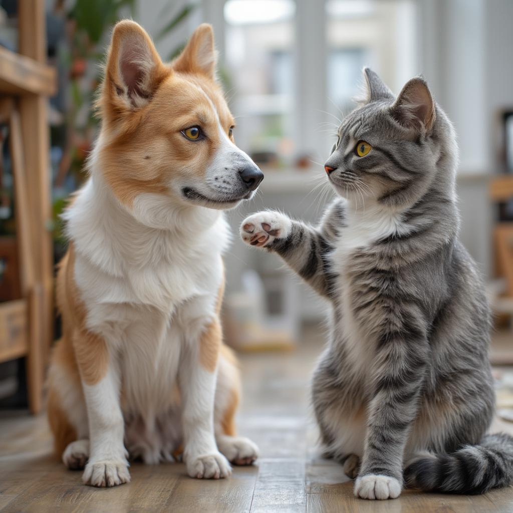 playful cat and dog in house