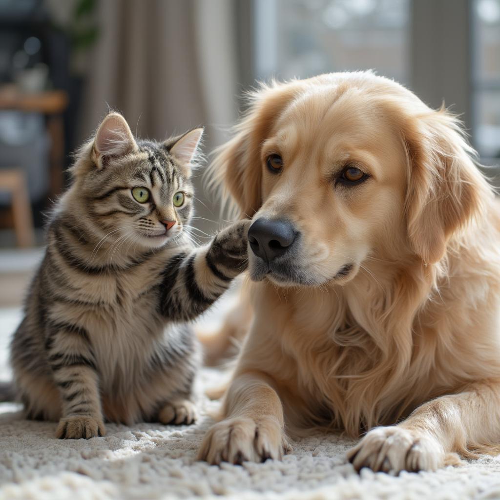 playful cat interacting with a friendly dog