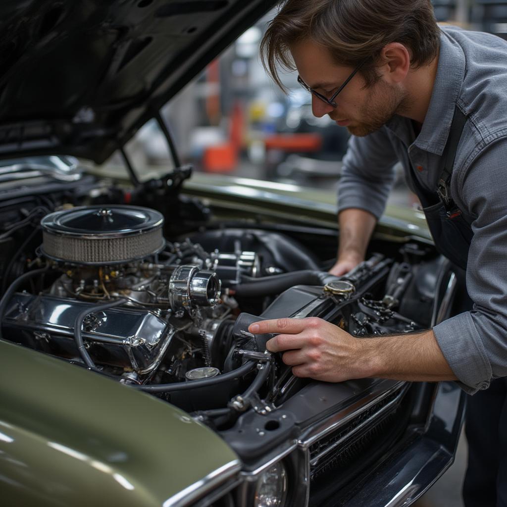 Inspecting the Engine of a Plymouth Muscle Car