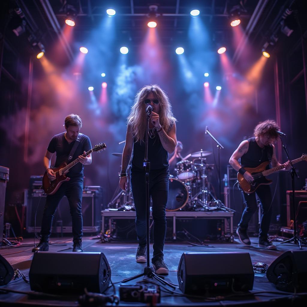 A pop rock band performing live on stage with dynamic lighting