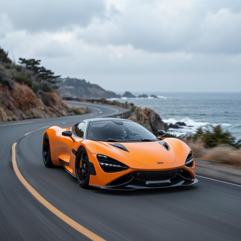 Pre owned McLaren 720s driving down a coastal road on a sunny day