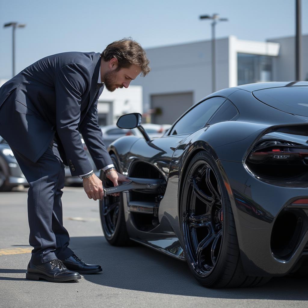 man carefully inspects a used supercar