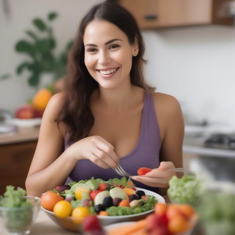 Pregnant woman enjoying a healthy meal with fruits and vegetables