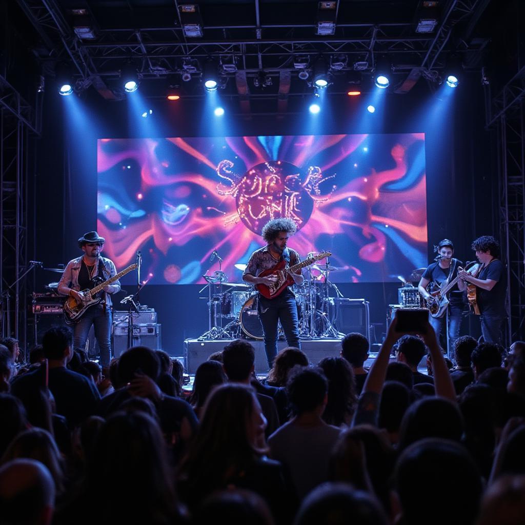 a stage filled with psychedelic lighting and colorful visuals during a super funk performance