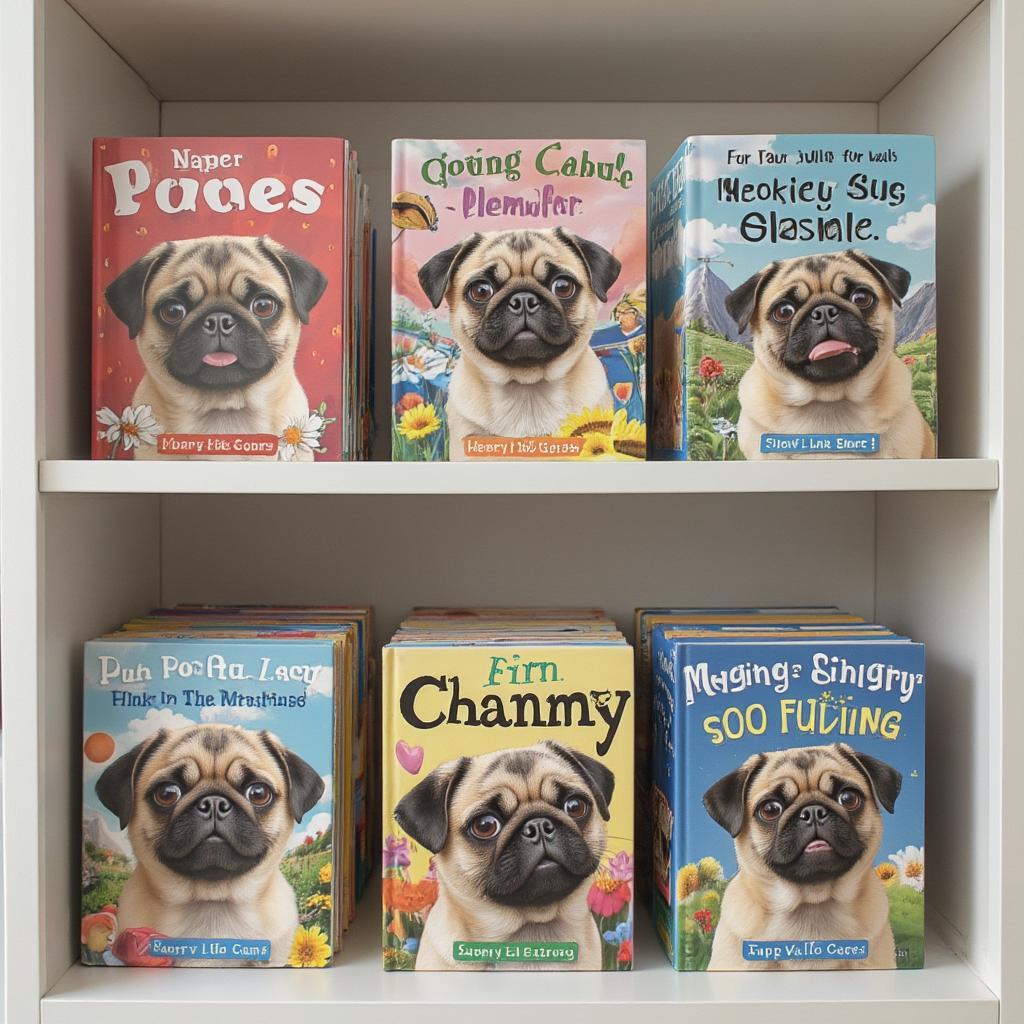 stack of pug books on a shelf