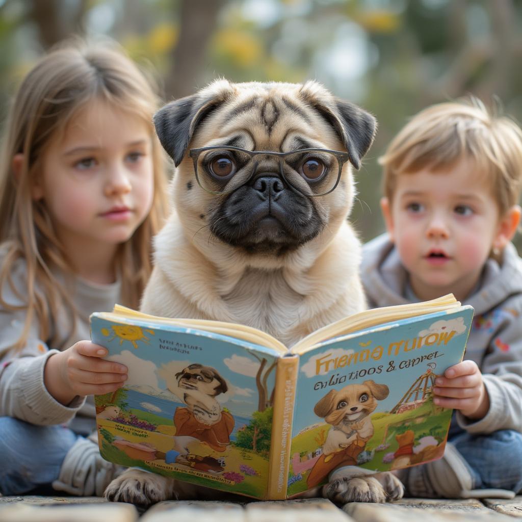 pug reading book with children