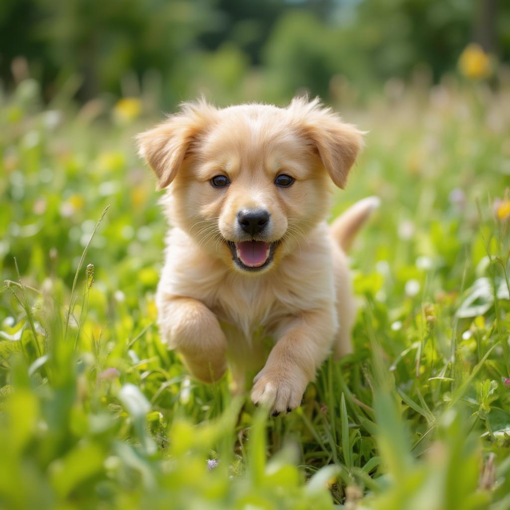 Happy puppy playing in the grass after being rehomed