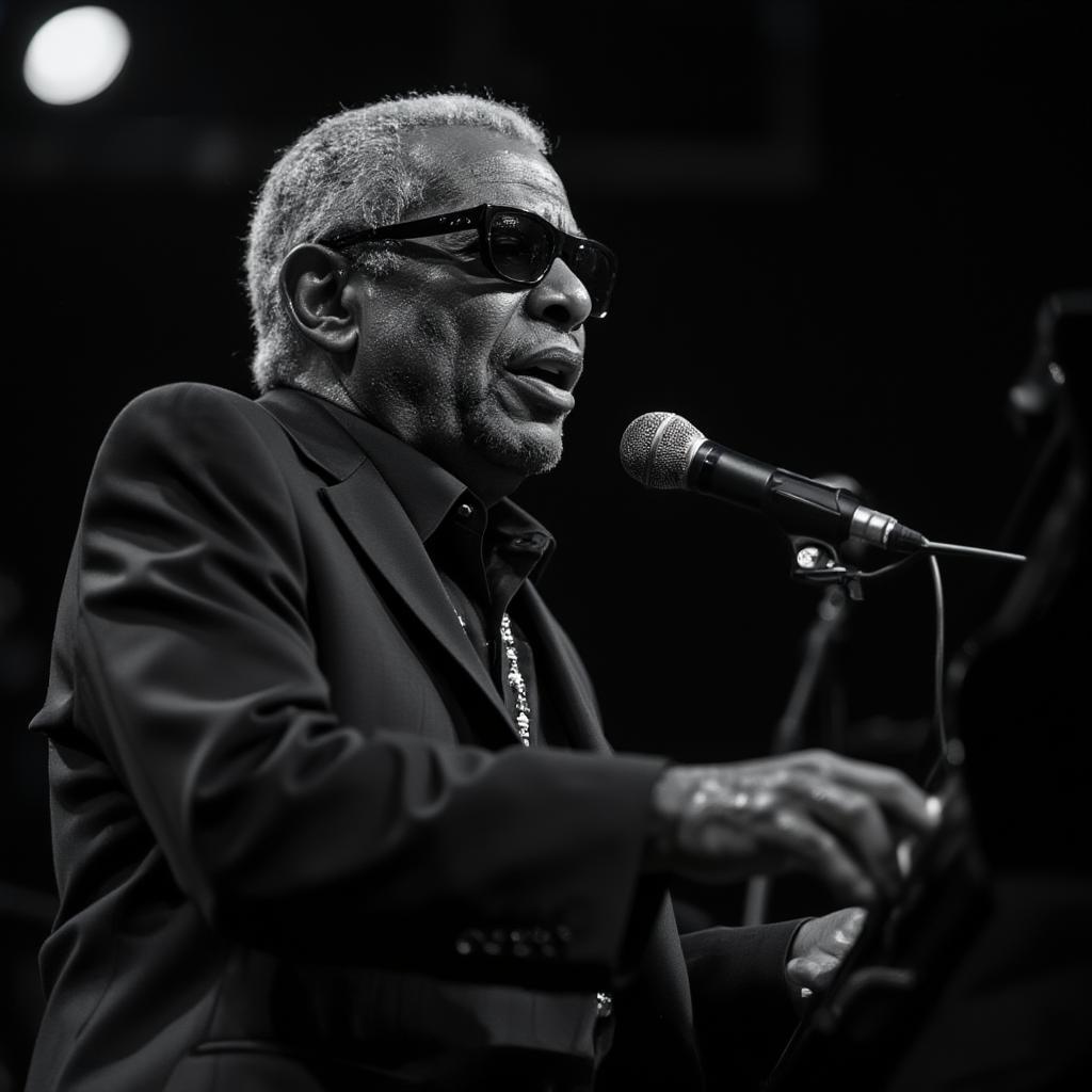 Ray Charles passionately singing at his piano