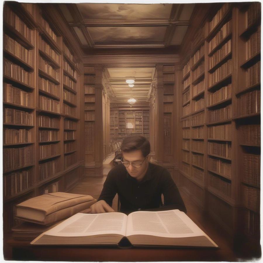 Engrossed in Reading a Biography in a Library