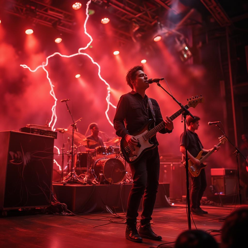 Band performing on stage with red lightning