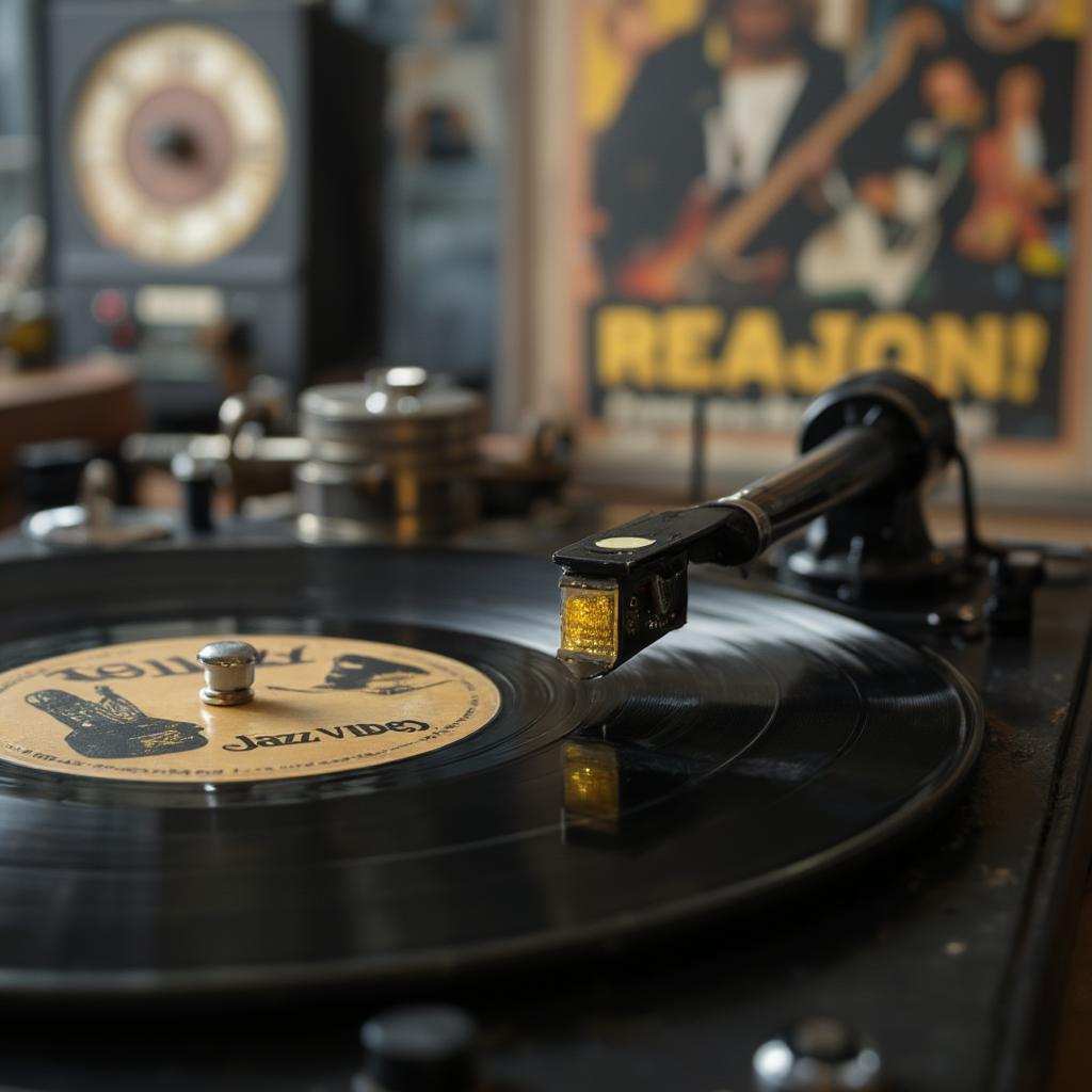 Retro vinyl record player playing funky jazz record