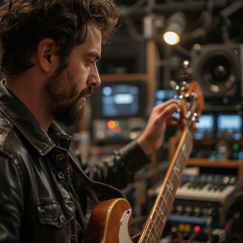 Rhythm and blues musician recording music in a studio setting