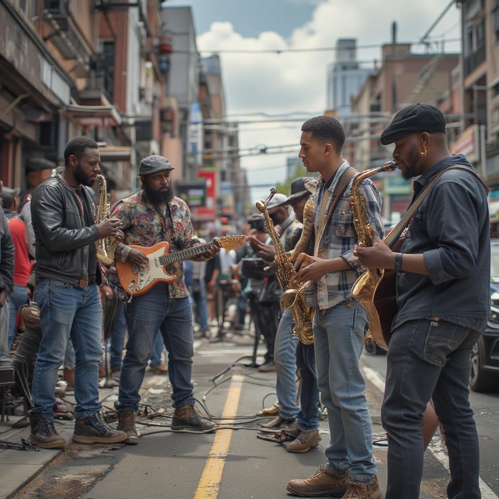 urban setting with street musicians playing rhythm and blues