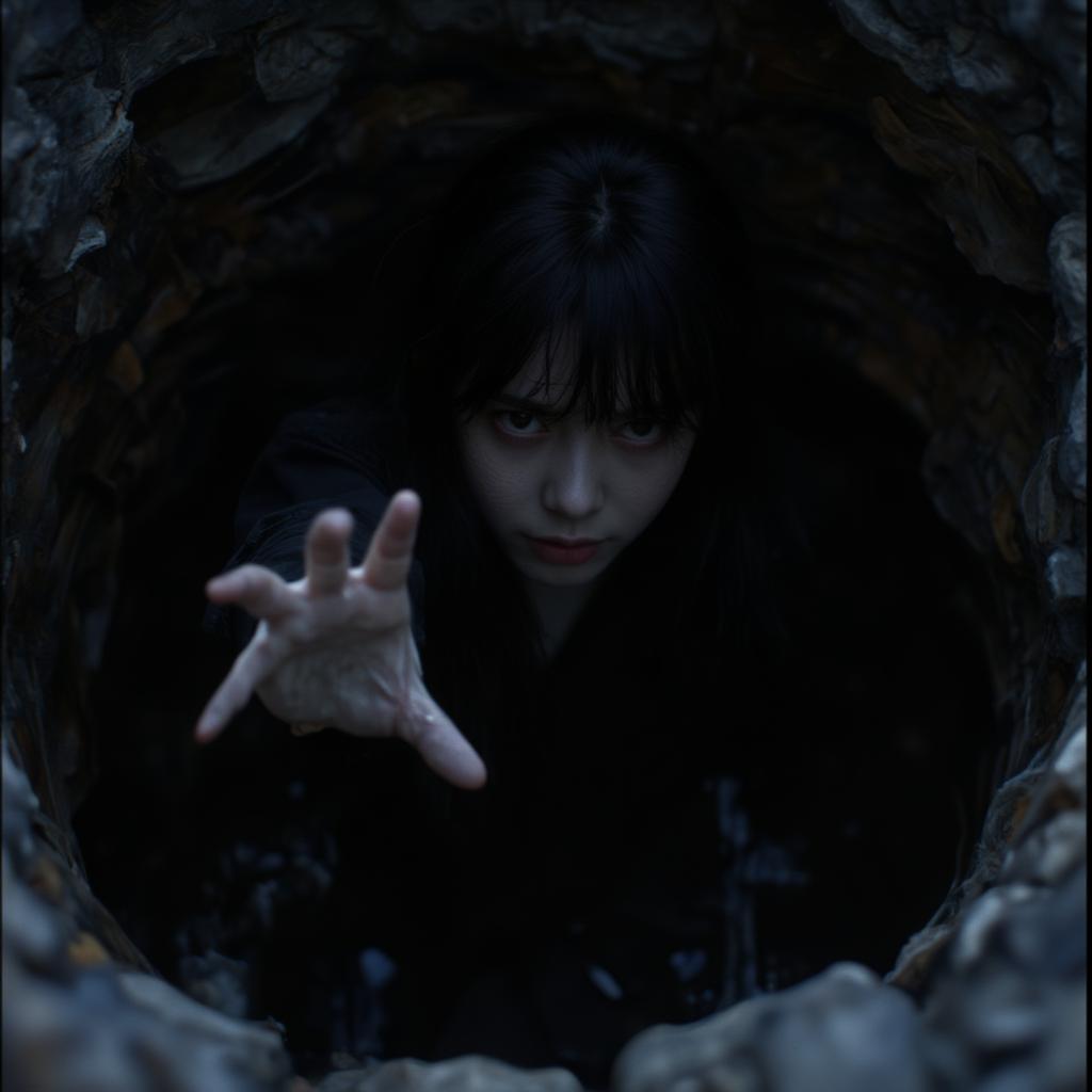 A still from Ringu showing Sadako crawling out of a well 