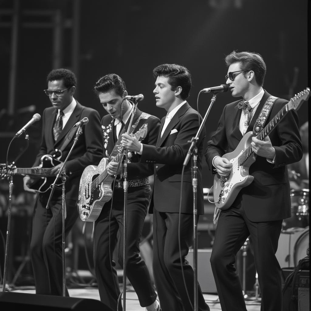 Pioneering rock and roll musicians performing live on stage