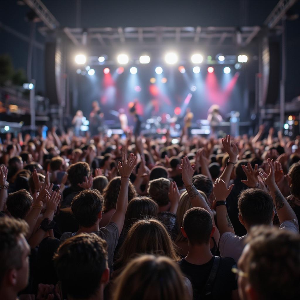 a large rock music concert audience enjoying the show with excitement