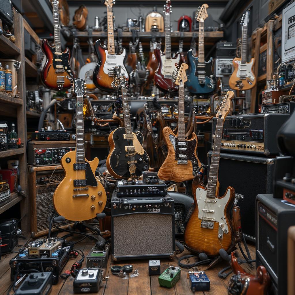 group shot of various rock music equipment