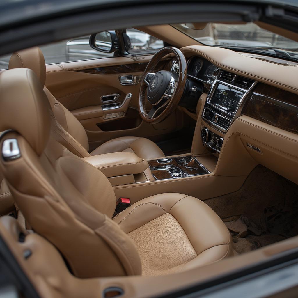 Luxurious interior of a Rolls Royce Dawn showcasing leather seats and wood veneer.