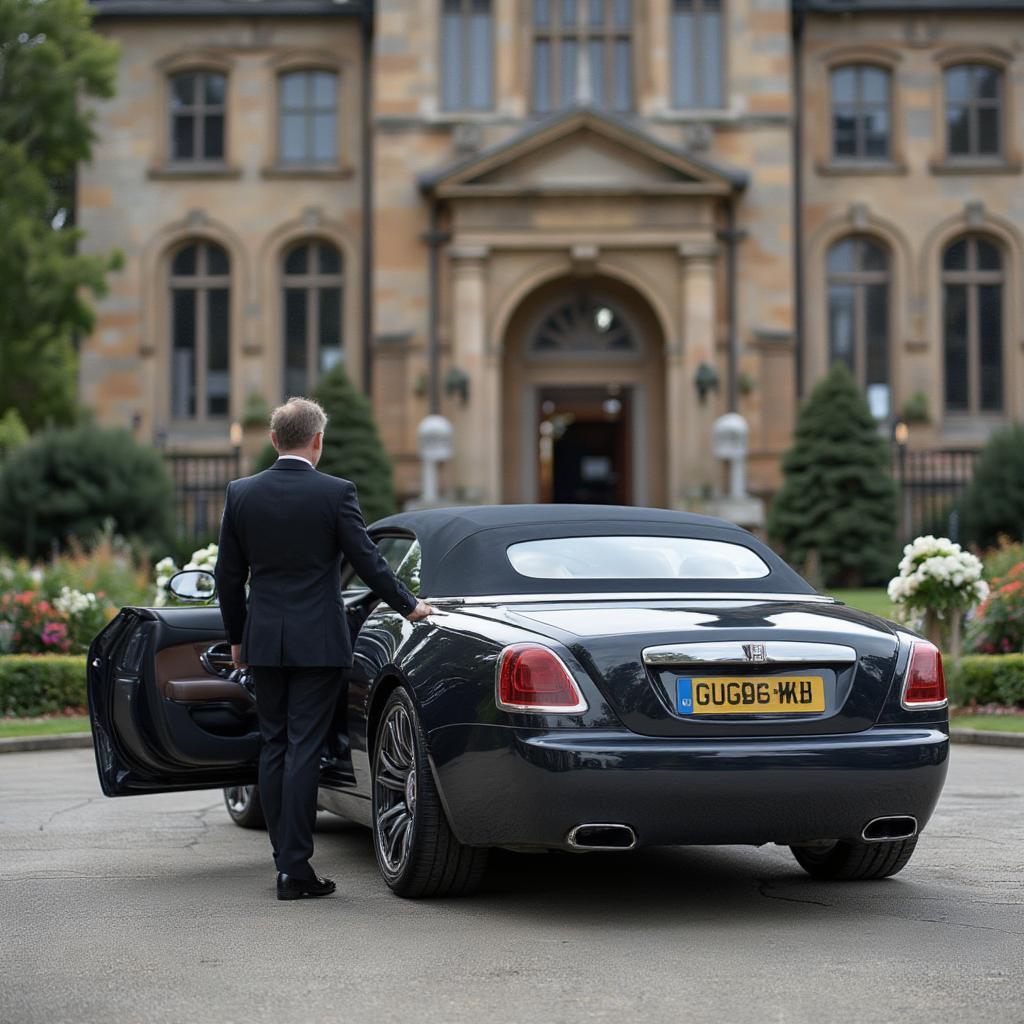 Rolls Royce Dawn arriving at a wedding venue with a chauffeur opening the door for the bride.