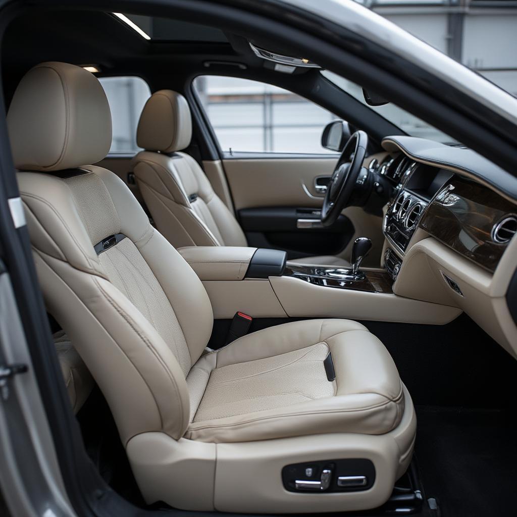 Rolls Royce Ghost interior with focus on handcrafted details and plush leather seats