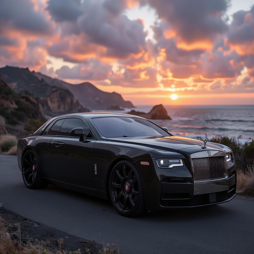 Rolls-Royce Phantom on a scenic coastal highway at sunset