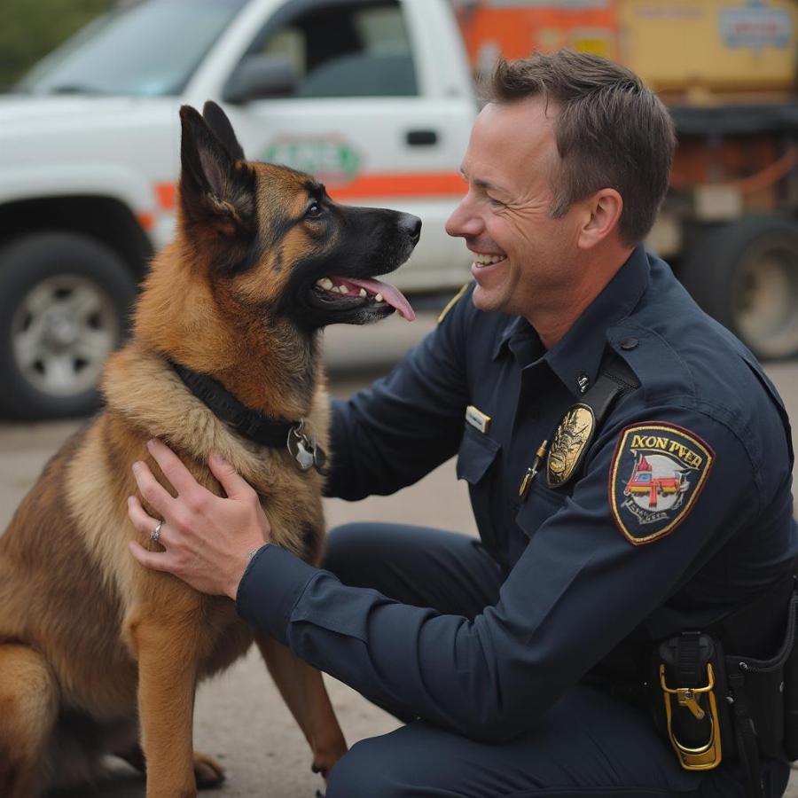 Ruby receiving praise and affection from Officer O'Neil after a successful rescue