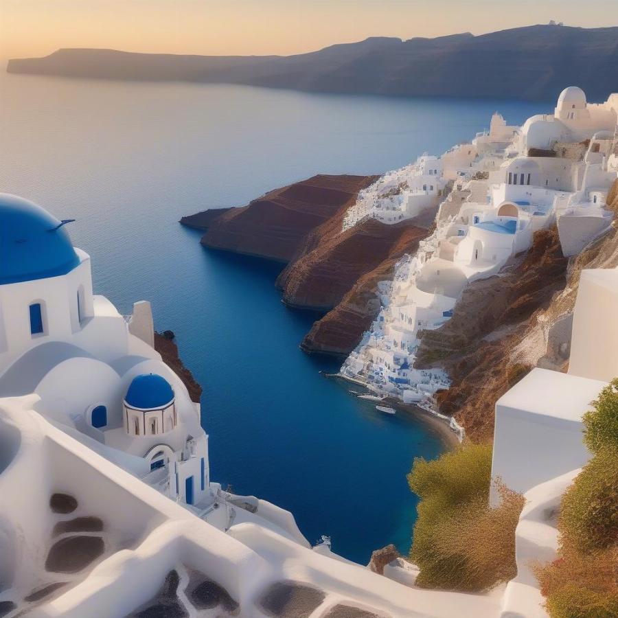 Santorini caldera view with whitewashed houses and blue-domed churches overlooking the Aegean Sea