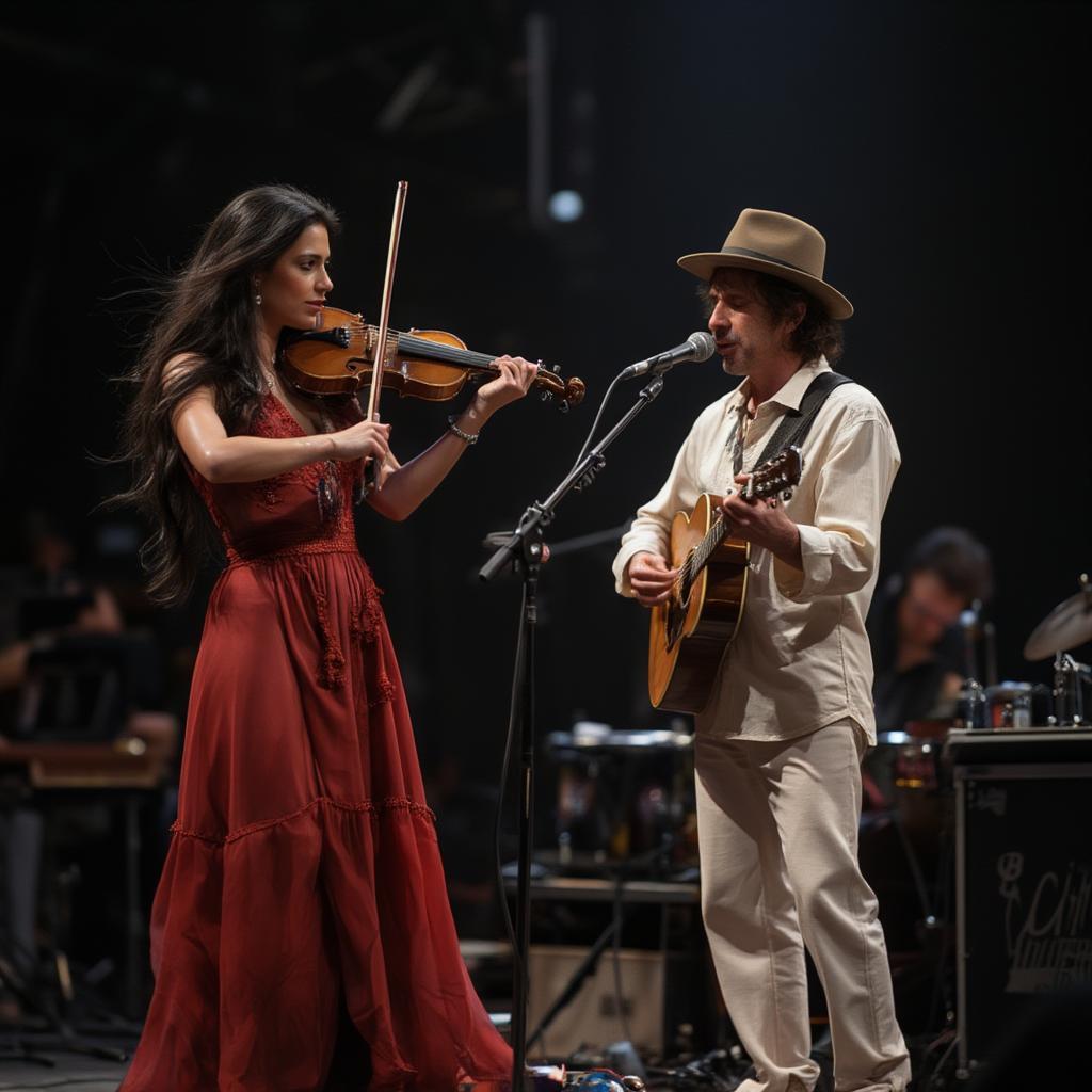 scarlet rivera performing with bob dylan on rolling thunder revue stage