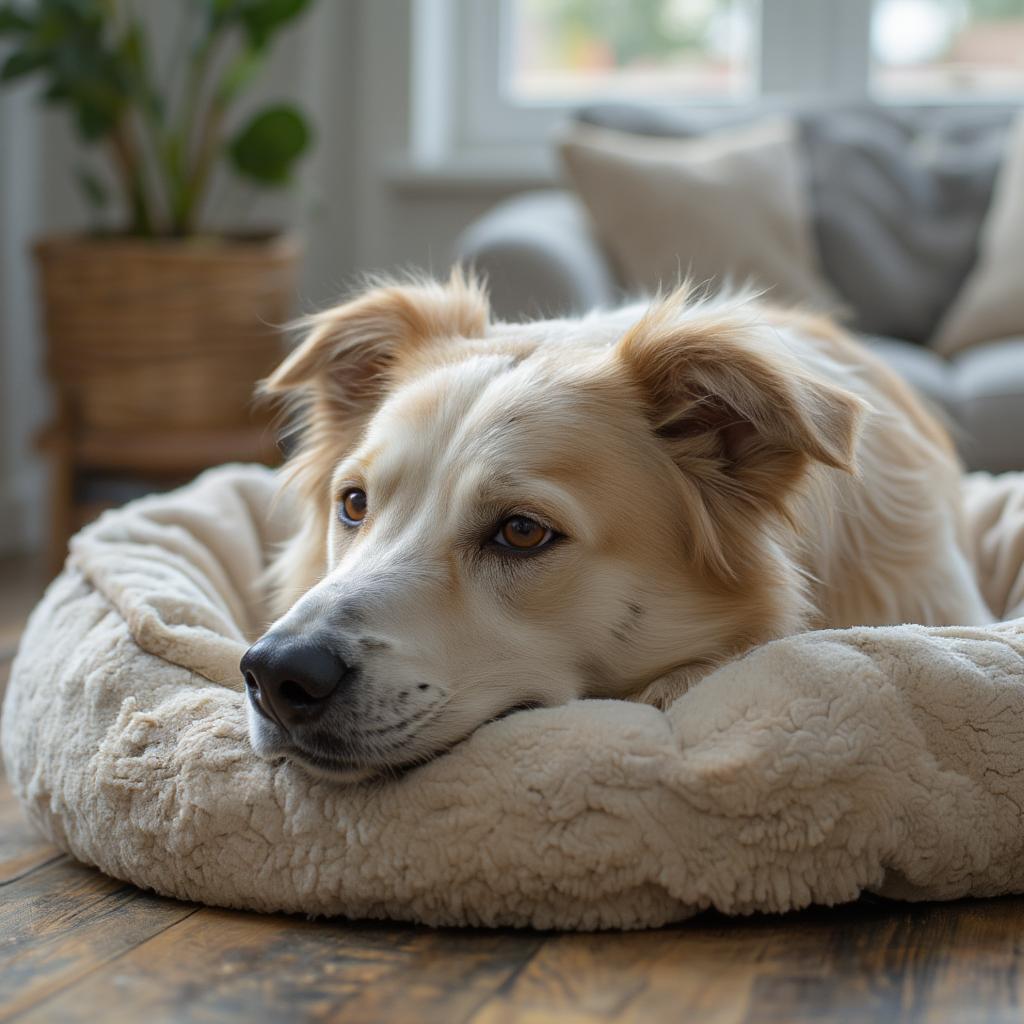 Senior Battersea dog relaxes comfortably in its new forever home.