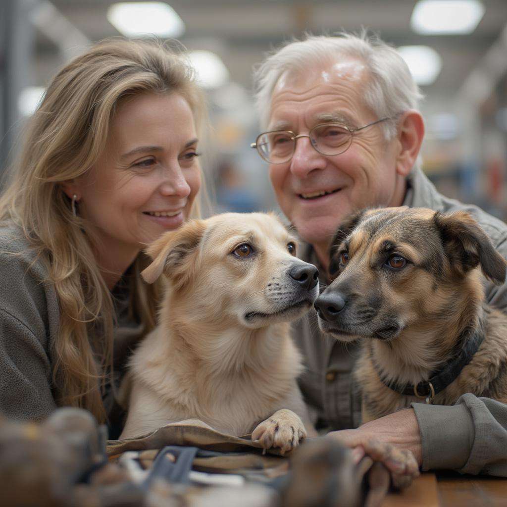 An older dog being adopted by a loving senior couple.