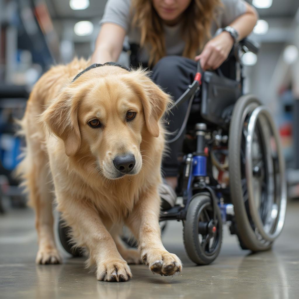 Service dog assists person with mobility