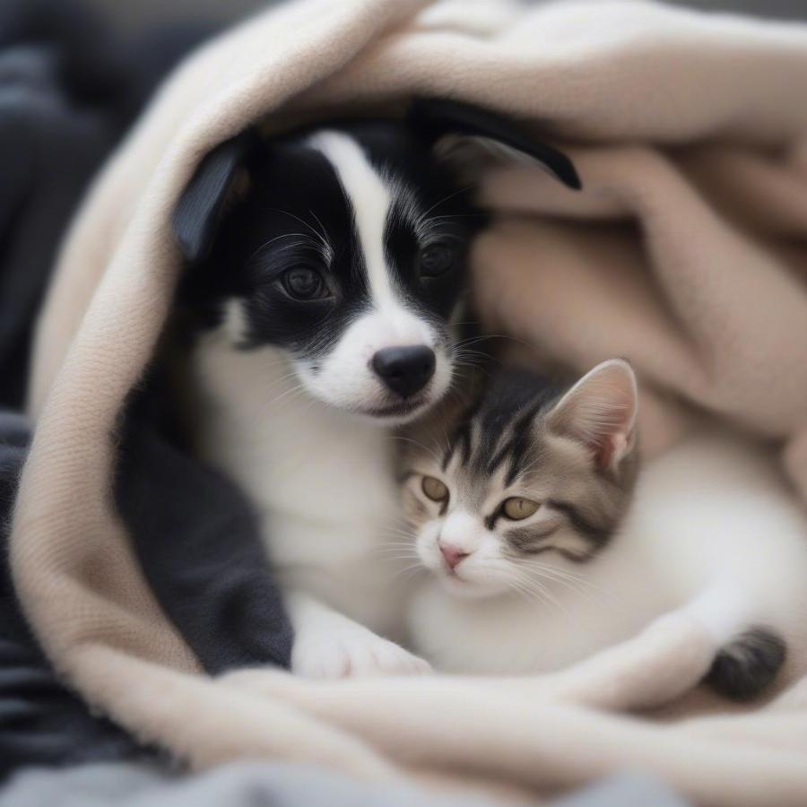 Shelter Dog and Kitten Cuddling in Blanket