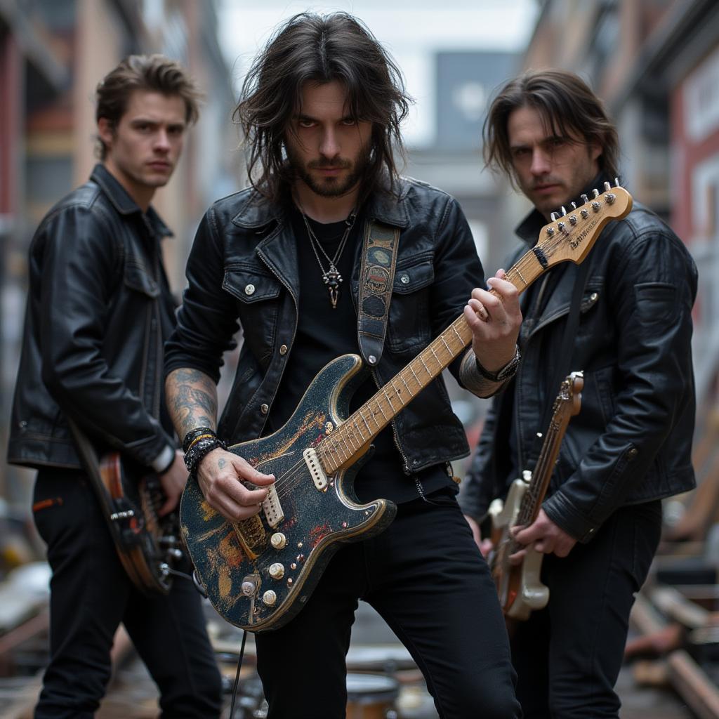 shock naue band photo in a grungy setting with instruments