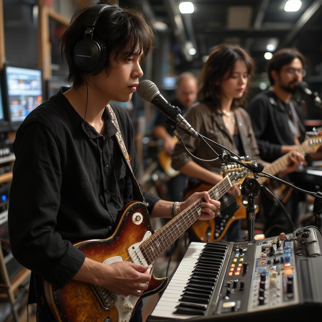 Tia Chớp Đỏ recording their debut album in a professional studio