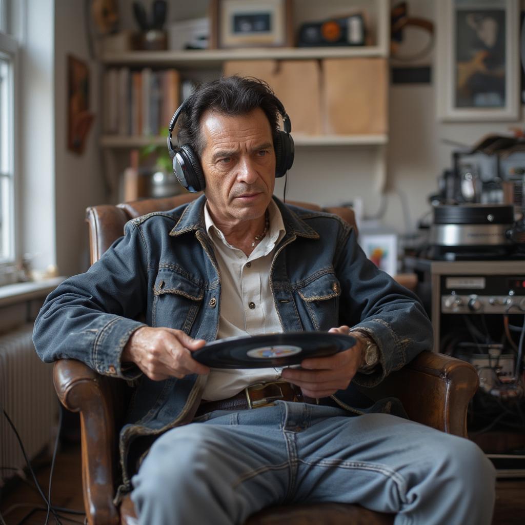 Frank Sinatra listening to records with headphones on