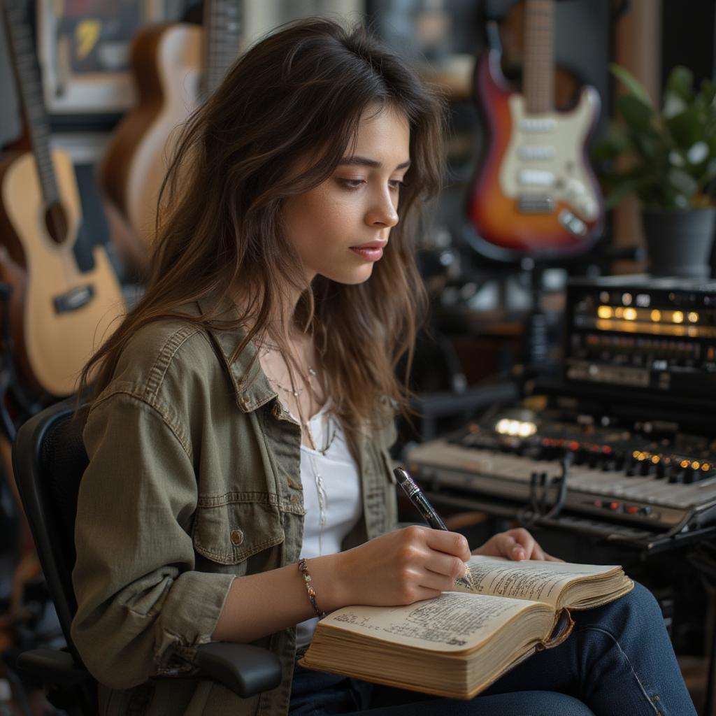 Singer-songwriter crafting new music in a home studio setup.